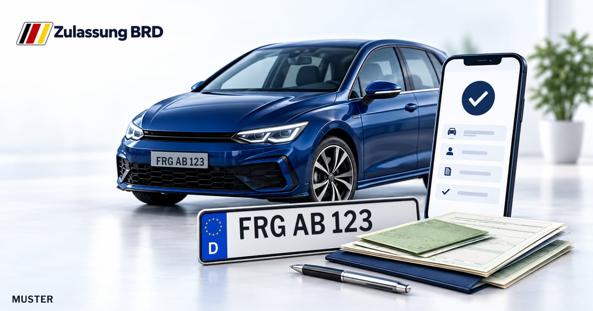 Online Fahrzeugzulassung in Waldkirchen: Musterkennzeichen FRG AB 123, Auto und Fahrzeugpapiere und Smartphone. Illustration mit Logo von Zulassung BRD.